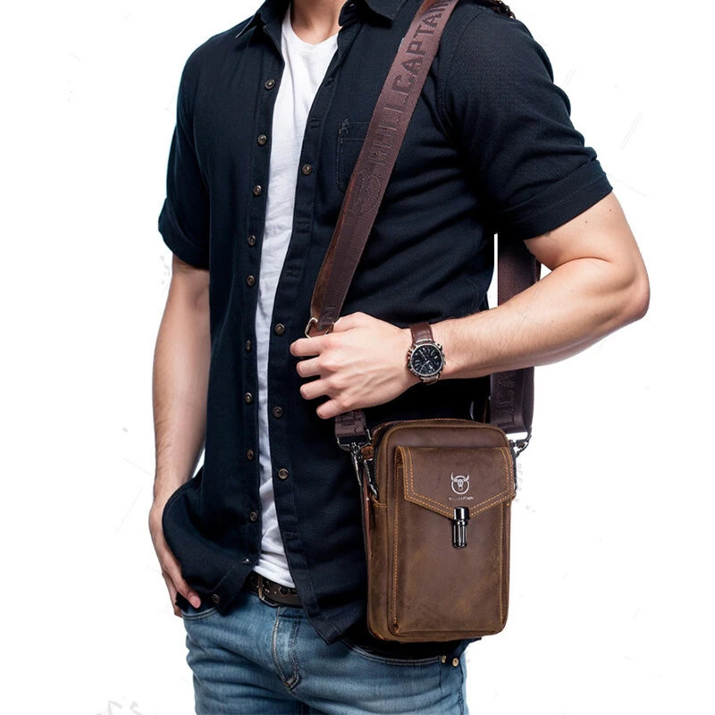 (image for) BULLCAPTAIN Genuine Leather Men's Waist Bags Crossbody Bages Multifunctional 7-inch Mobile Phone Practical Bag for Male Casual Shoulder Messenger Bages